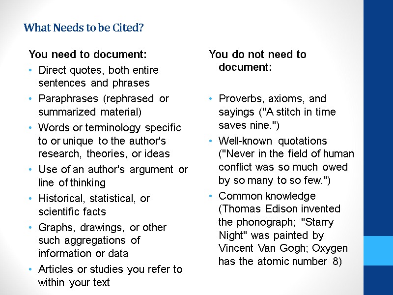 What Needs to be Cited?  You need to document: Direct quotes, both entire
